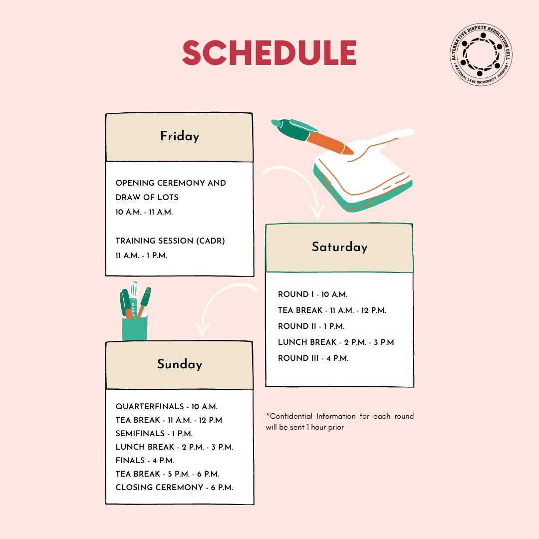 ADRC_NLUJ's tweet photo. HERE WE GO! The schedule for the competition is out now. Can't wait for the next 3 days!

#adr #adrcompetition #lawschool #mediationcompetition #negotiation #mediation #competition #lawyer #client #law #lawyer #lawstudent #nluj #nlu #nationallawuniversity #adrc #national https://t.co/KvsfPf9a0u