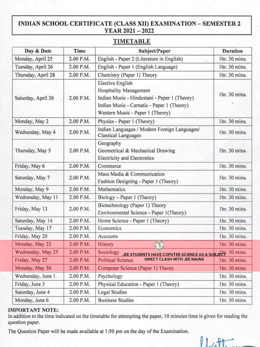 UrHimanshuBorah's tweet photo. ICSE/ISC released a datesheet yesterday. Dates are directly clashing with JEE.
On 29th May-JEE &amp; 
30th May- Computer Science.

How will it be possible for students to appear both the exams in 1day gap?

I suggested earlier also to consider IA &amp; give time to prepare for entrance. https://t.co/I4a3MDx5x9