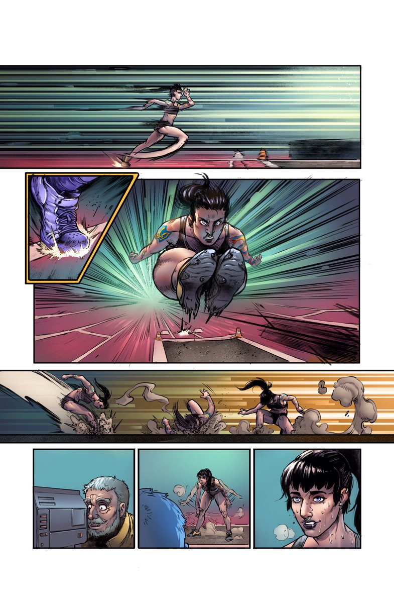 "Long Jump" pages 1-3, drawn by @TNerocrane Hugo Feal-Permuy. An Olympic athlete gives up her dreams but regrets it when a kaiju attacks her city. 2/3