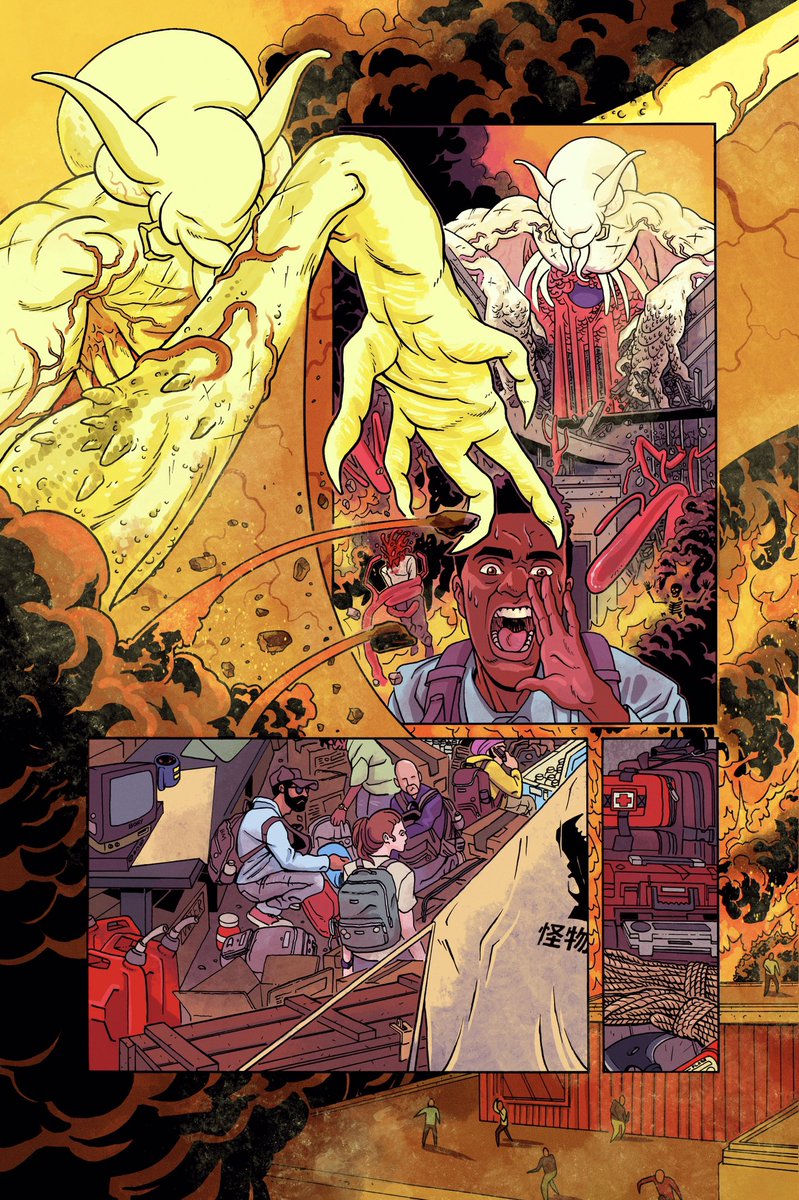 "The Wake" pages 1 & 2, line art by @LVCIFERX Joshua Green, colors by me. A days work for a rescue team following a daikaiju's path of destruction. 3/3