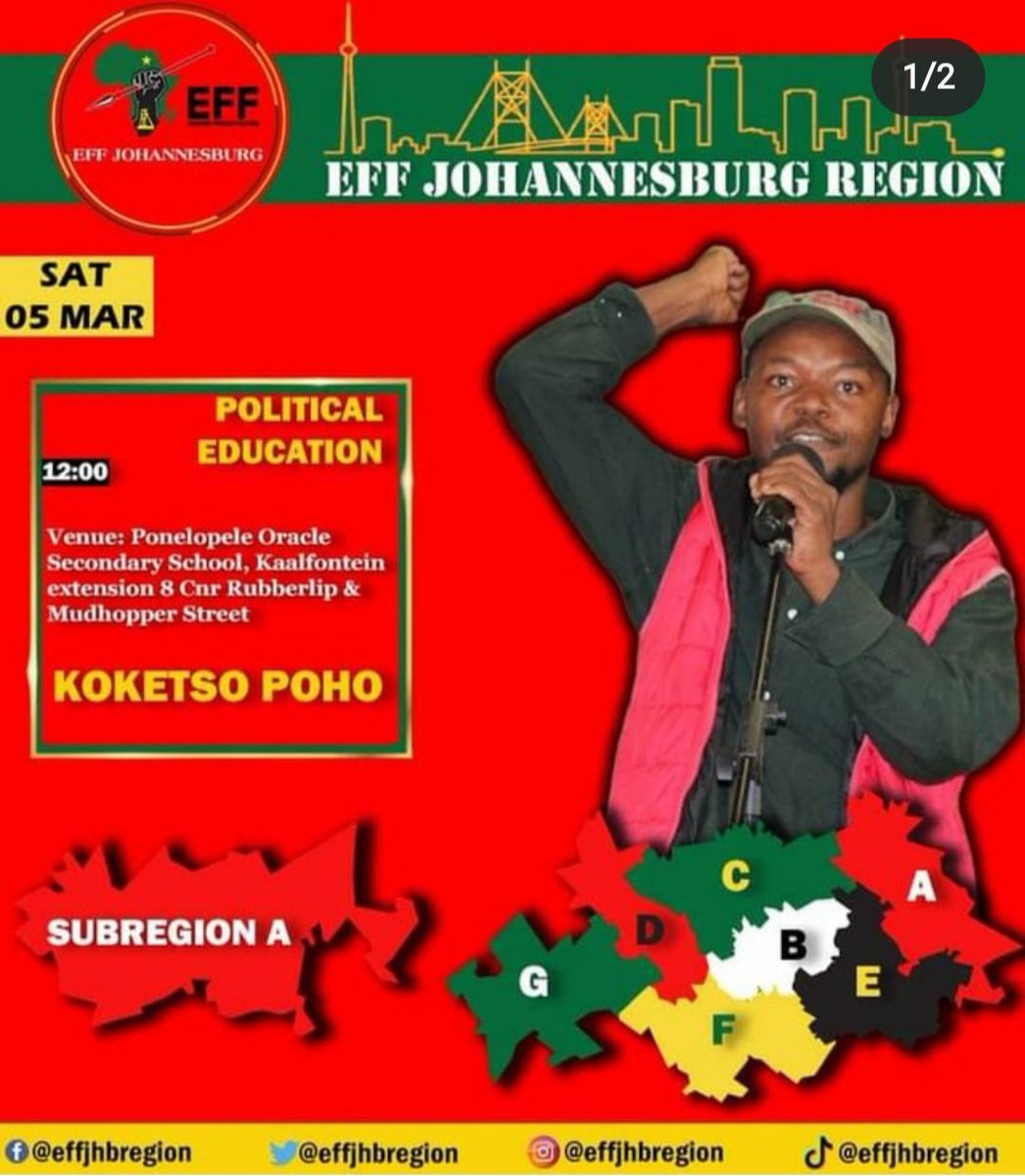 CorynNyapisi's tweet photo. Happening this weekend &amp; not to be missed. #EFFJoburgPoliticalSchool2022 
Sub-Region A &amp; B respectively. 

@EFFSouthAfrica @Effgroundforces @EffJhbRegion @EFFOnline1 @EFFMayibuye33 @koketsopoho https://t.co/SwmUFaGPU8