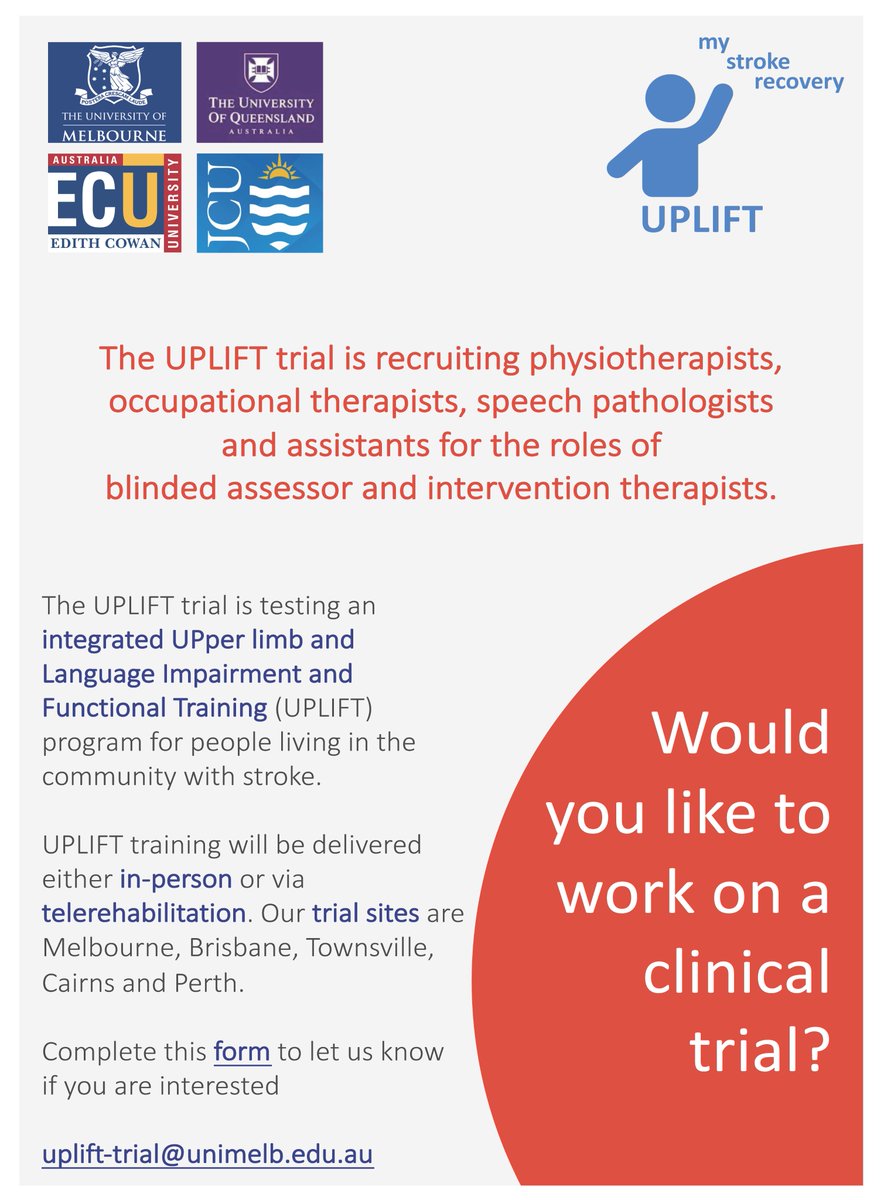 Want to work on a clinical trial?
UPLIFT trial is recruiting PTs, OTs and SPs in Melbourne, Brisbane, Townsville, Cairns and Perth for blinded assessors and intervention therapists. Complete this form if interested! melbourneuni.au1.qualtrics.com/jfe/form/SV_2o…