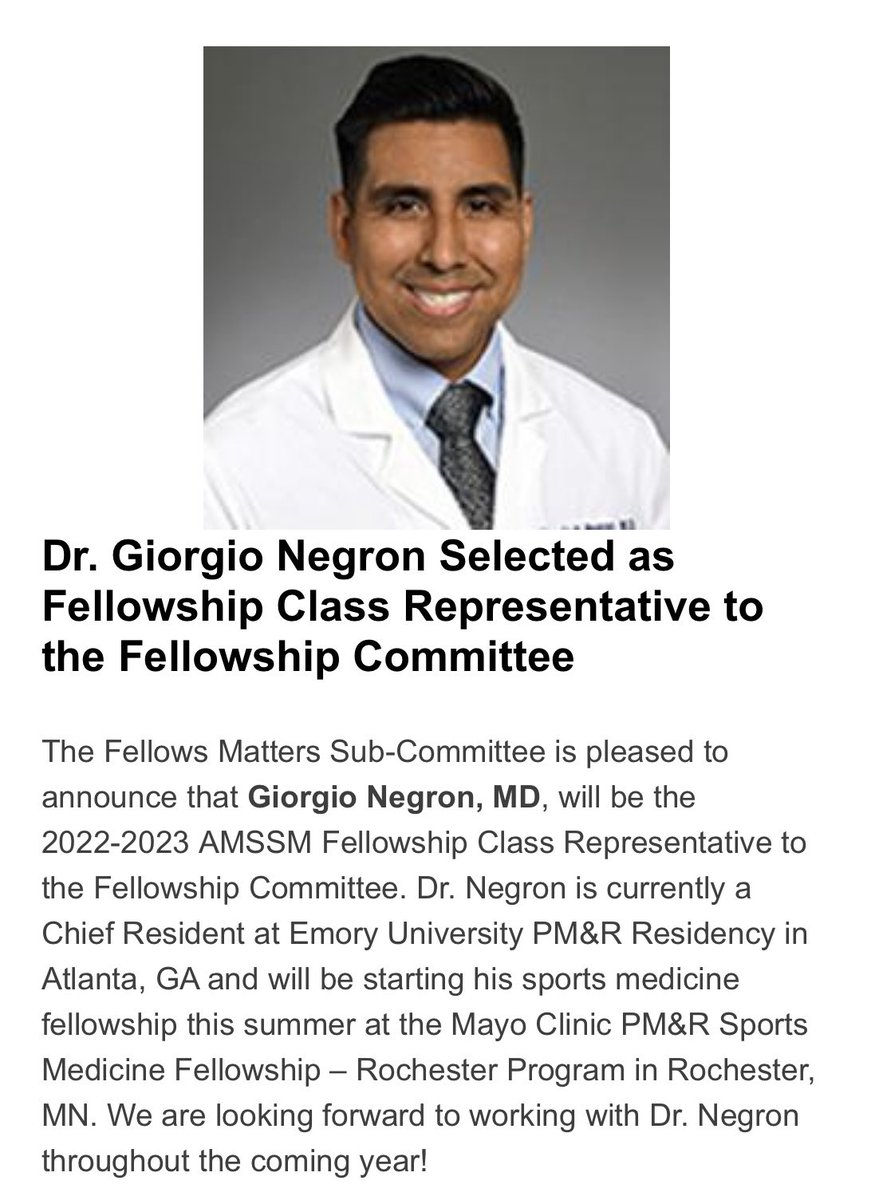 GiorgioNegronMD's tweet photo. Happy to say that I look forward to another year working with @TheAMSSM and be a voice for sports medicine fellows across the country!!!
I wouldn't be in the position I am today without my mentors!
#sportsmedicine #leadership #education #emorypmr #mayoclinic https://t.co/qN4OADRXr0