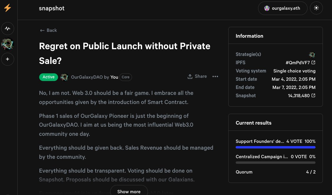 MintOurGalaxy's tweet photo. First Snapshot Proposal⚡️
Anyone with OurGalaxy Pioneer NFTs could vote now :)
"Web 3.0 should be a fair game. I embrace all the opportunities given by the introduction of Smart Contract." -Founder, OurGalaxyDAO
#NFT #OurGalaxyDAO #Snapshot #vote 

https://t.co/1GbgrsO6LF https://t.co/PNsYxuoWoa