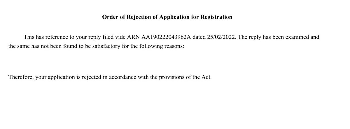 <a href="/askGST_GoI/">GST@GoI</a> <a href="/nsitharamanoffc/">Nirmala Sitharaman Office</a> <a href="/cbic_india/">CBIC</a> <a href="/theicai/">Institute of Chartered Accountants of India - ICAI</a>

Is this the correct way to reject gst reg application, client has submitted all docs though it is rejected without mentioning the reasons, is officer out of words