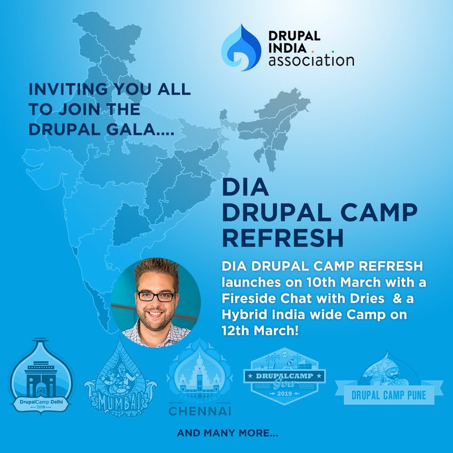 Thrilled to announce that we are going to launch our upcoming #event - the 'DrupalCamp India Refresh' on Thursday, 10th March with a fire-side chat with Dries Buytaert (<a href="/Dries/">Dries Buytaert</a>), the creator of Drupal. Need we say more?! Details here groups.drupal.org/node/536646 
#drupal
