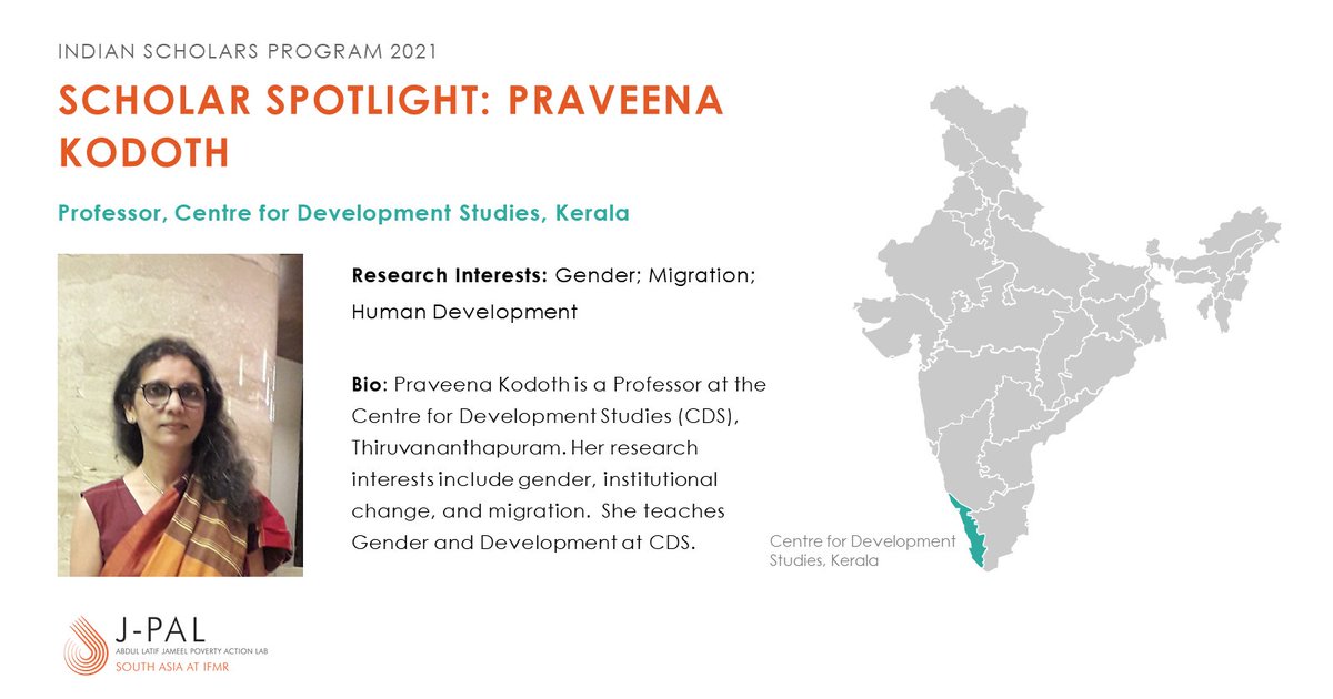 JPAL_SA's tweet photo. @AdiUpadhyay17 @IIM_Bangalore @pv4peace Praveena Kodoth joins Tirtha Chatterjee and @ThiaguRanganat1 of @CdsTrivandrum for an #ISP project on women’s labour force participation and its relationship with education levels, marriage, and child care.

#IndianScholarsProgram https://t.co/crKRB201HK