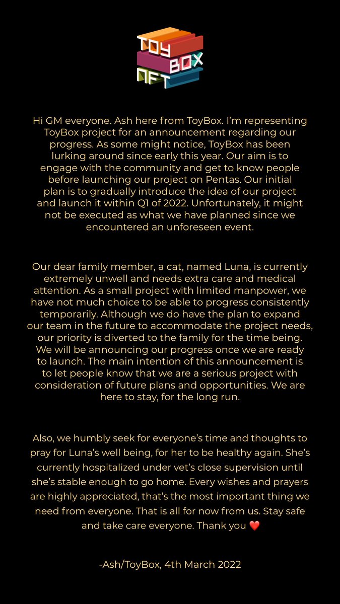 ToyBoxNFT's tweet image. Hi GM everyone. We have an announcement to make about our project. 

Been contemplating to post this for a few days but we thought that it might be a good thing to at least make people enlightened about our progress. 

Stay safe and take care, everyone.