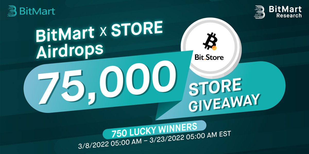 BitMartResearch's tweet photo. 🌟BitMart X STORE Listing Airdrop!

1⃣Follow @BitMartResearch &amp; @www_bit_store 
2⃣Join https://t.co/ba8uIcH9ww &amp; https://t.co/DMoPlSf8wa 
3⃣RT &amp; Tag 3 friends
4⃣Fill out: https://t.co/kctcN2qRI9

🥳𝟕𝟓𝟎 lucky winners split 𝟕𝟓,𝟎𝟎𝟎 $STORE
⏰3/8/22 5AM – 3/23/22 5AM EST https://t.co/m3cWxFdboZ