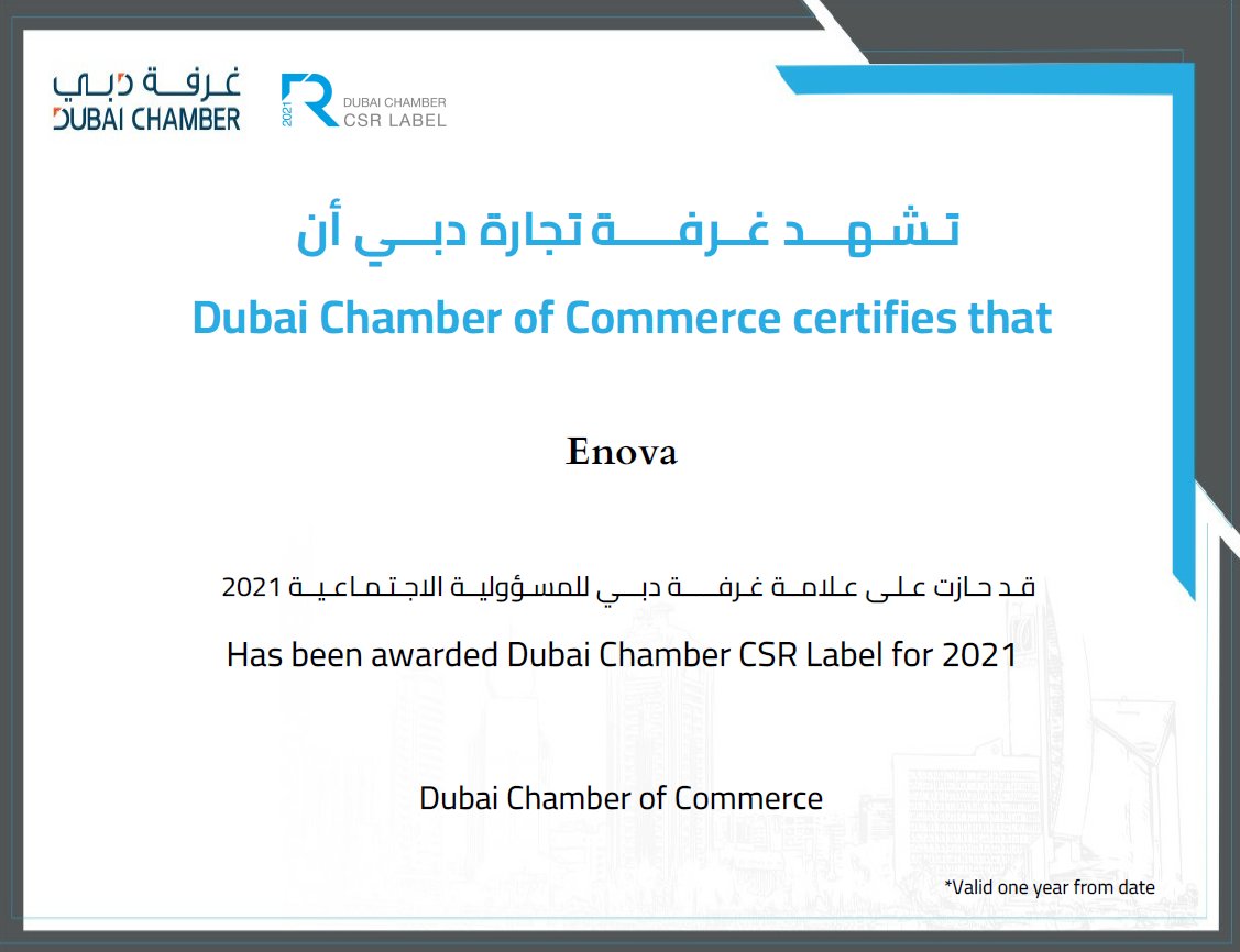 Enovame's tweet photo. We are honored to receive Dubai Chamber of Commerce & Industry #CSR Label for the 9th time in a row, in recognition of our strong achievements in the areas of workplace and environmental practices, and providing safe, fair, and ethical working conditions for employees. #CSRLabel https://t.co/DbdvveUYzV