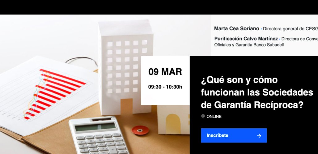 ✅ El 9/03 a las 9:30h tendrá lugar una webinar sobre qué son y cómo funcionan las Sociedades de Garantía Recíproca. Con Marta Cea, Dir Gen de Cesgar SGR, y Purificación Calvo, Dir de Convenios Oficiales y Garantía del <a href="/BancoSabadell/">Banco Sabadell</a>

Inscríbete en 👉 sab.to/3JBSntT
#SGR