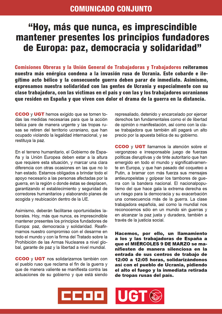 ISCOD_UGT's tweet photo. "Hoy, más que nunca, es imprescindible mantener presentes los principios fundadores de Europa: paz, democracia y solidaridad" Llamamiento de @UGT_Comunica y @CCOO a los y las trabajadores a que el 9 de marzo a las 12 horas se concentren en sus centros de trabajo #Noalaguerra https://t.co/3iZFC94Lp6