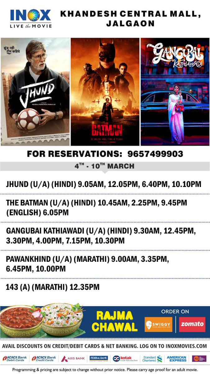 khandeshcentral's tweet photo. This week, witness the *The Batman* going against the Joker, and the inspiring story of Vijay Barse coming alive on the screen with *Jhund*. Watch Robert Pattinson and Amitabh Bachchan on the spectacular screens of INOX with your entire family. https://t.co/VEbtFXjHfE