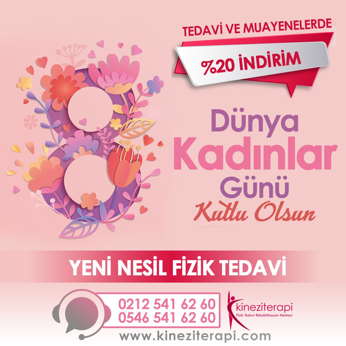 Kineziterapi's tweet photo. 8 Mart Dünya Kadınlar Günü Kutlu Olsun! Tüm Tedavi ve Muayenelerde Kadınlara Özel %20 İndirim. Yeni Nesil Fizik Tedavi ile Ağrılarınıza Son Verin! Kampanyadan yararlanmak için hemen arayın (0212) 541 62 60 https://t.co/buBTSRx7em #8MartDünyaKadınlarGünü #kineziterapi #fiziktedavi https://t.co/1jsVeM5ina