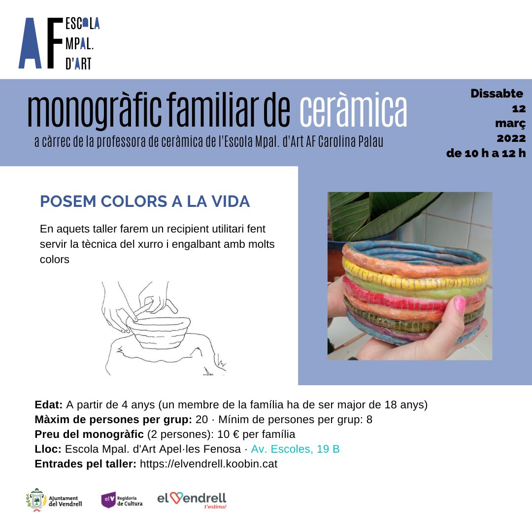 escoladartAF's tweet photo. Vine al taller de ceràmica!
Escull un membre de la teva família i posa colors a la vida!
Les entrades es poden adquirir a https://t.co/8cq1YqSium 

#ElVendrell #EstimemLaCultura #EscoladartAF
@elvendrell_cat @CulturaVendrell https://t.co/EbT01jFYed