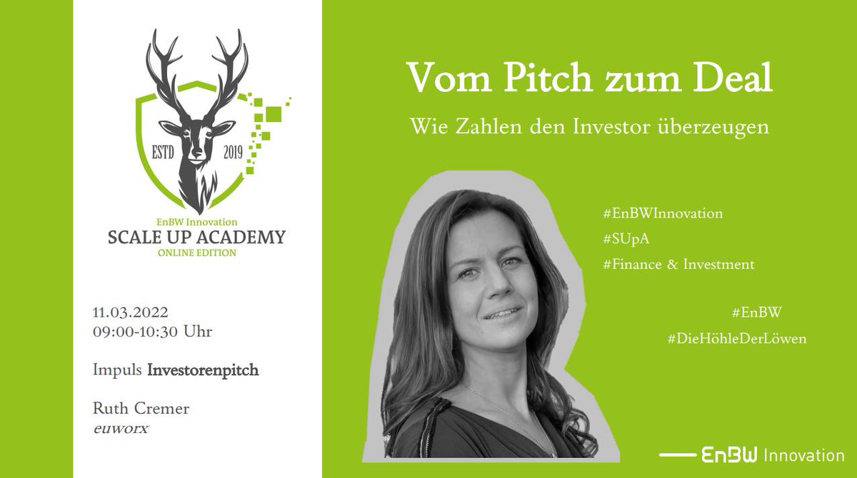 EnBWInnovation's tweet photo. Gründer*innen aufgepasst🔎#HöhlederLöwen Coach Ruth Cremer ist zu Gast bei @EnBW. Am 11.3 geht's in unserer #ScaleUpAcademy um den perfekten #Investoren #Pitch und wie er gelingt. Zur Anmeldung 👉https://t.co/qOt1elfDHn
#EnBWInnovation #Startups https://t.co/mCIfUbA75J
