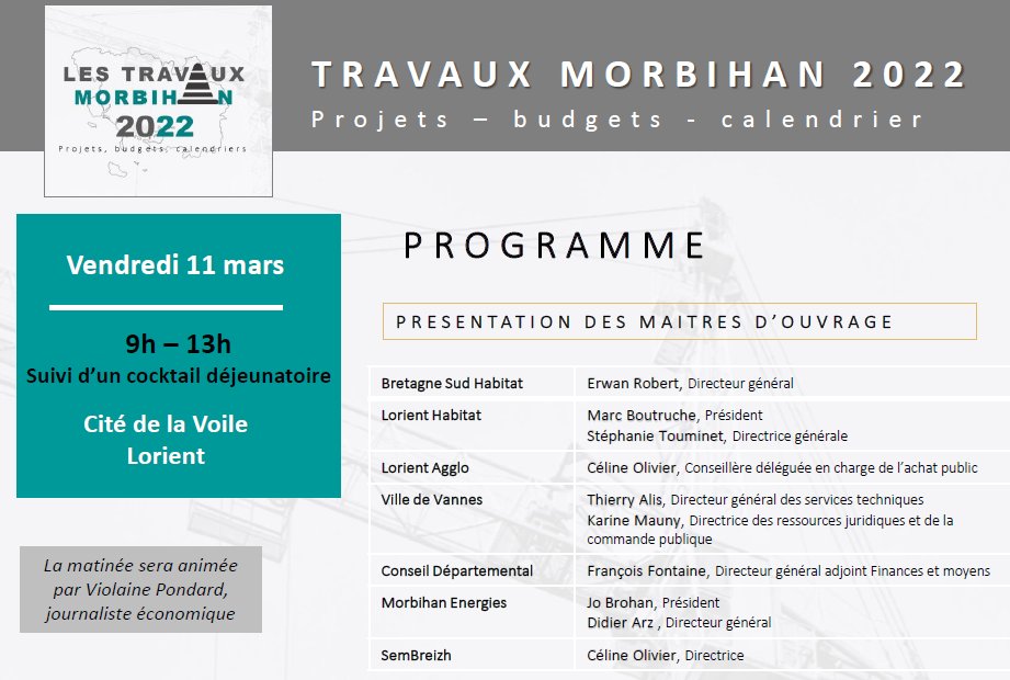 Matinée Marchés publics en Morbihan 
Vendredi 11 mars, à partir de 9h, à la Cité de la Voile de Lorient.
Les principaux maitres d’ouvrages publics vous présenteront leurs politiques d’achat et leurs projets 2022.