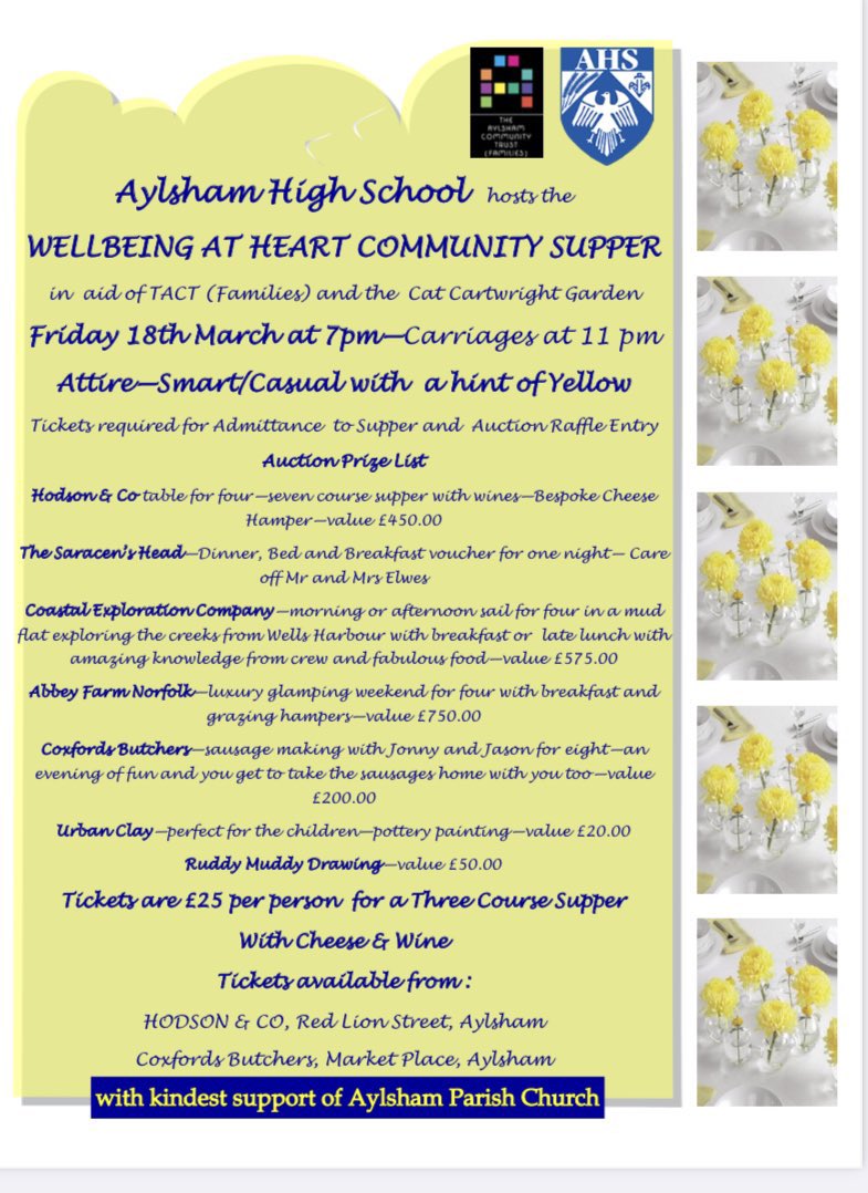 Really looking forward to the #WellbeingatHeart Community Supper & auction on 18 Mar @aylshamhigh. Supporting 2 excellent local causes, @TACTrust & the Kat Cartwright Memorial Garden. Tickets just £25 from @charlieboychef & @CoxfordsButcher. Take a look 👀 ⬇️ #CaringCommunity