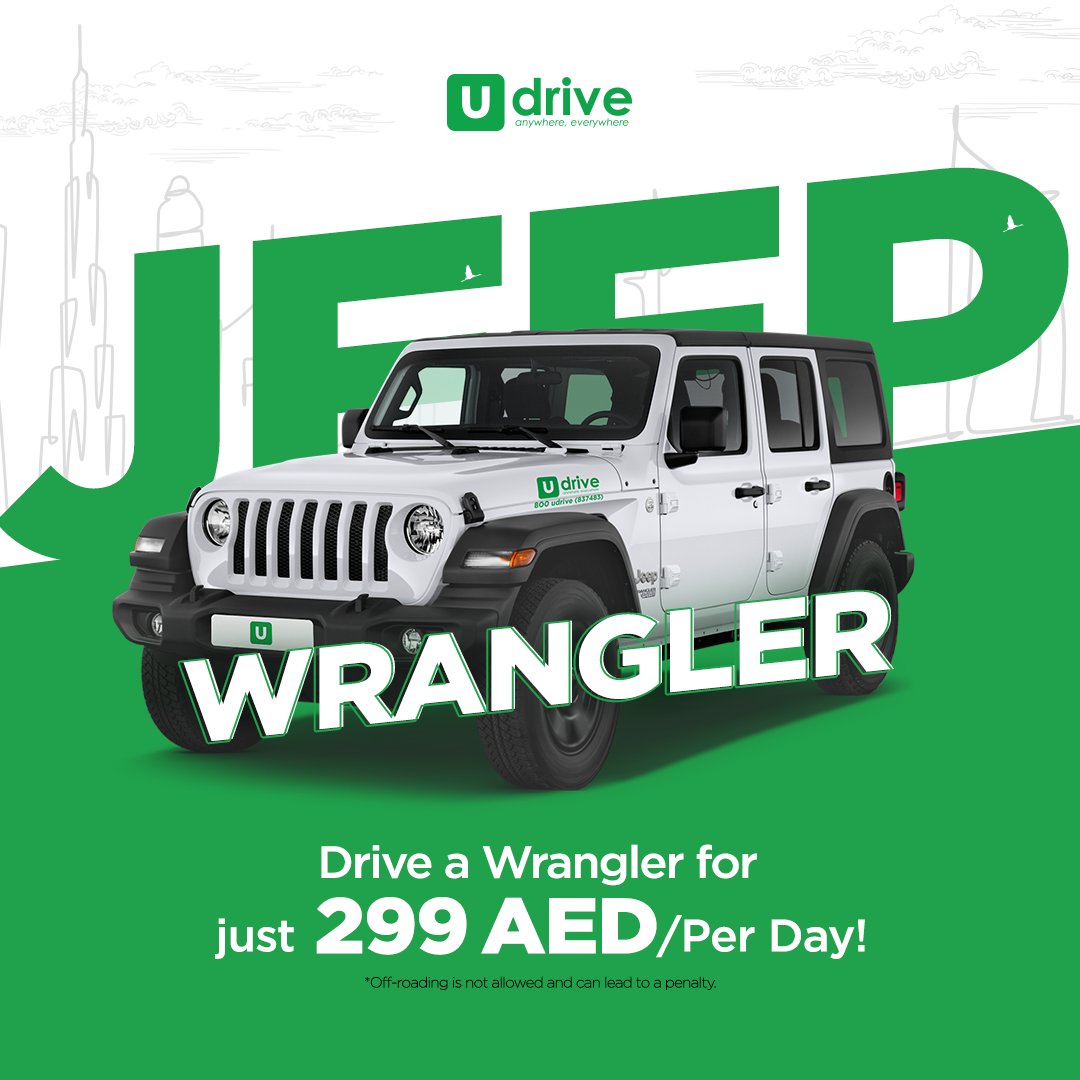 Eat, Sleep &amp; Jeep from anywhere to everywhere now with Udrive's newly added Wranglers!

#Udrive #CarSharing #Dubai #AbuDhabi #Sharjah #Ajman #UAE #MiddleEast #BestRates