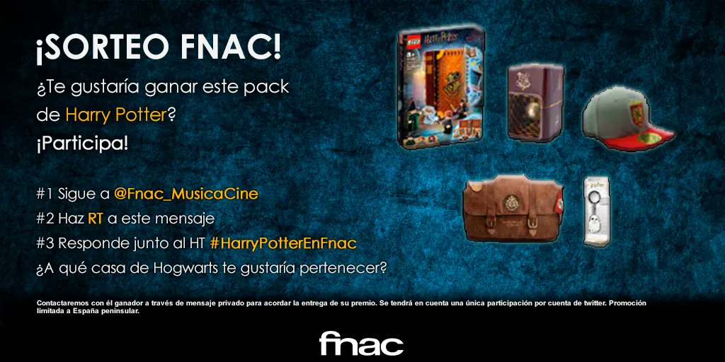Fnac_MusicaCine's tweet photo. Nuestras ofertas #HarryPotter llegan a su fin, pero antes, vamos a despedirlas...¡Con un último sorteo!🧙‍♀️

✅Sigue a @Fnac_MusicaCine
✅RT
✅Responde junto al HT #HarryPotterEnFnac ¿A qué casa de Hogwarts te gustaría pertenecer?
👉https://t.co/Lqcz10eYhc https://t.co/miRY7SoTG1
