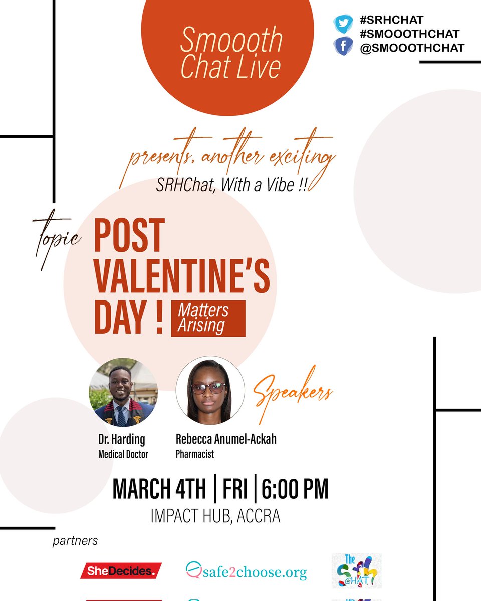 Smoooth_Chat's tweet photo. Ladies and gentlemen, boys and girls, men and women the first #SRHchat for this year is this evening @ImpactHubAccra at exactly 6pm we can wait to see you for this entertaining and educative Convo from all angles. Let's meet!!
#Smooothchat https://t.co/tl8na9QP81