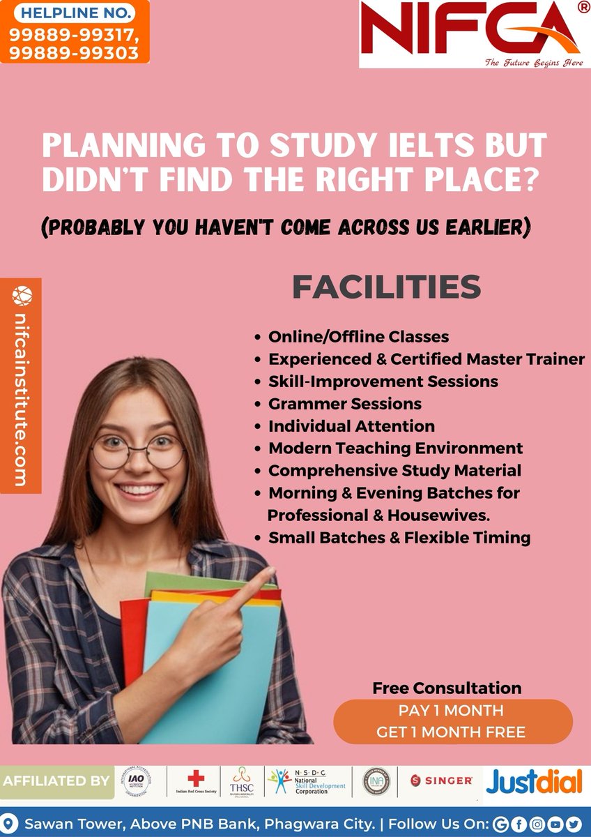 NIFCA1's tweet photo. Enroll Now to avail Best Offers for IELTS Classes. Hurry up offer valid for limited time period!!!
#IELTS #ieltswriting #ieltspreparation #ieltsspeaking #ieltsreading #ieltsexam #ieltslistening #ieltslisteningtips #bestoffers 
#Nifcainstitute #diplomainternational #fashion https://t.co/ijvNXH9vKJ