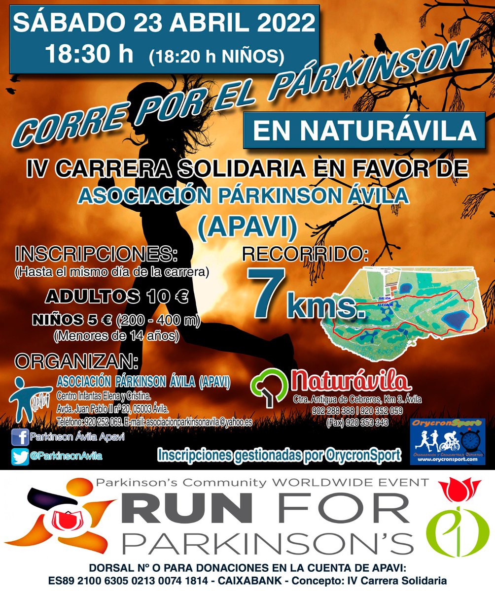 IV Carrera Solidaria a favor del #Parkinson
Sábado 23 de abril de 2022
Tras suspender ediciones 2020 y 2021 por la pandemia, volvemos a correr por las preciosas instalaciones de Naturávila <a href="/dipuavila/">Diputación de Ávila</a> 
No te quedes sin dorsal. Inscripción: orycronsport.com/eventos-ficha.… 
<a href="/orycronsport/">orycronsport</a>
