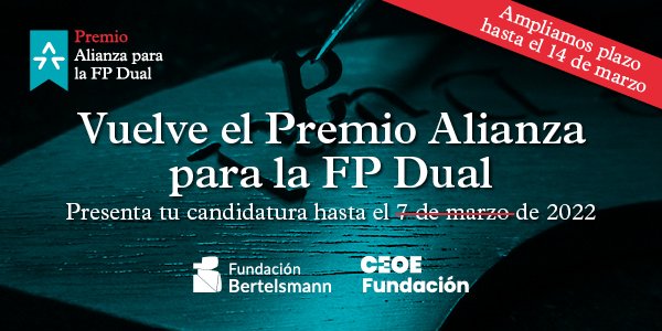 Si tu proyecto de #FPDual es de calidad, colaborativo e innovador, esto te interesa: 📢 ¡Ampliamos el plazo del VI #PremioAlianza hasta el 14/03! 📢 

No pierdas la ocasión de dar a conocer tu caso de éxito: consulta las bases y presenta tu candidatura ➡️ alianzafpdual.es/vi-premio-alia…