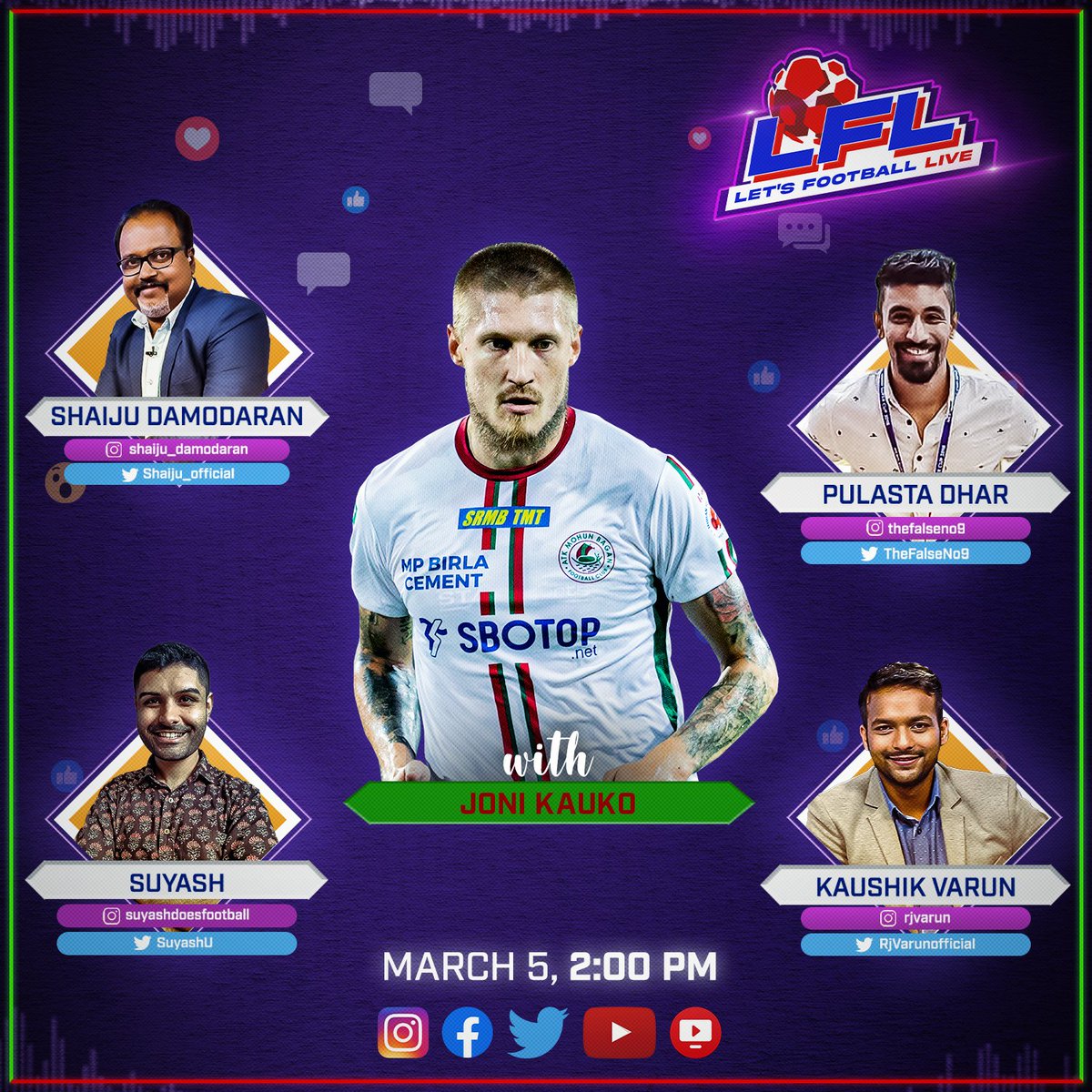 IndSuperLeague's tweet photo. 3⃣ goals, 6⃣ assists this season 😍
@atkmohunbaganfc's creative spark ✨ 

@JoniKauko will join @Shaiju_official, @TheFalseNo9, @RjVarunofficial and @SuyashU on the #LetsFootballLive show!

Tune in LIVE on our social platforms and @OfficialJioTV! 😍

#HeroISL #LetsFootball https://t.co/Tb3XFtEcGG
