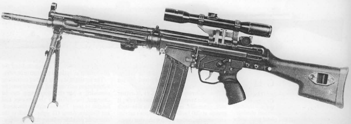 DocStrangelove2's tweet photo. Today's gun comes as an adaptation from an existing line. The Heckler &amp; Koch HK81. The West German Marksman's Rifle derived much of it's design from the HK11 LMG. Notably the gun used the trigger group of the G3SG/1 and came stock with a scope sight and bipod attachment. https://t.co/fVJPrI7r45