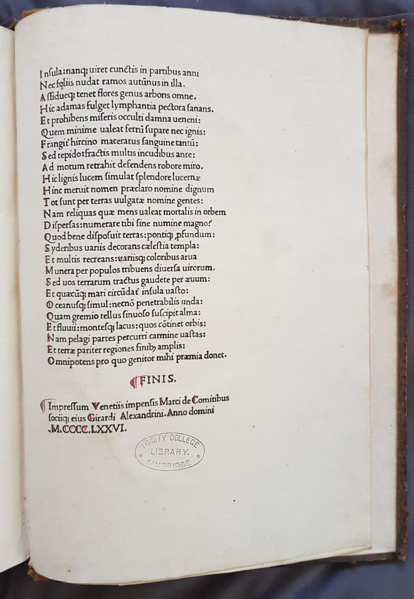 TrinCollLibCam's tweet photo. For #WorldGrammarDay, a beautiful incunable edition (Venice 1476) of Priscian’s Grammar. No title page (title pages as we know them didn't exist yet), just the incipit and the colophon. From the #GryllsCollection in the #WrenLibrary. Catalogue record at https://t.co/oK4ZEwdufP. https://t.co/uFjiQeUdEF