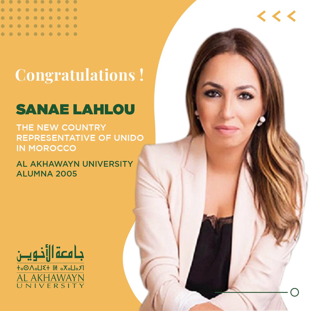 AlAkhawayn University in Ifrane (@alakhawayn) on Twitter photo Congratulations to our Alumna Sanae Lahlou (AUI’ 05) on her position as the new country representative of the United Nations Industrial Development Organization (UNIDO) in Morocco.  
Always proud of our alumni and their achievements! 
#proudauialumni #alakhawaynuniversityifrane Congratulations to our Alumna Sanae Lahlou (AUI’ 05) on her position as the new country representative of the United Nations Industrial Development Organization (UNIDO) in Morocco.  
Always proud of our alumni and their achievements! 
#proudauialumni #alakhawaynuniversityifrane