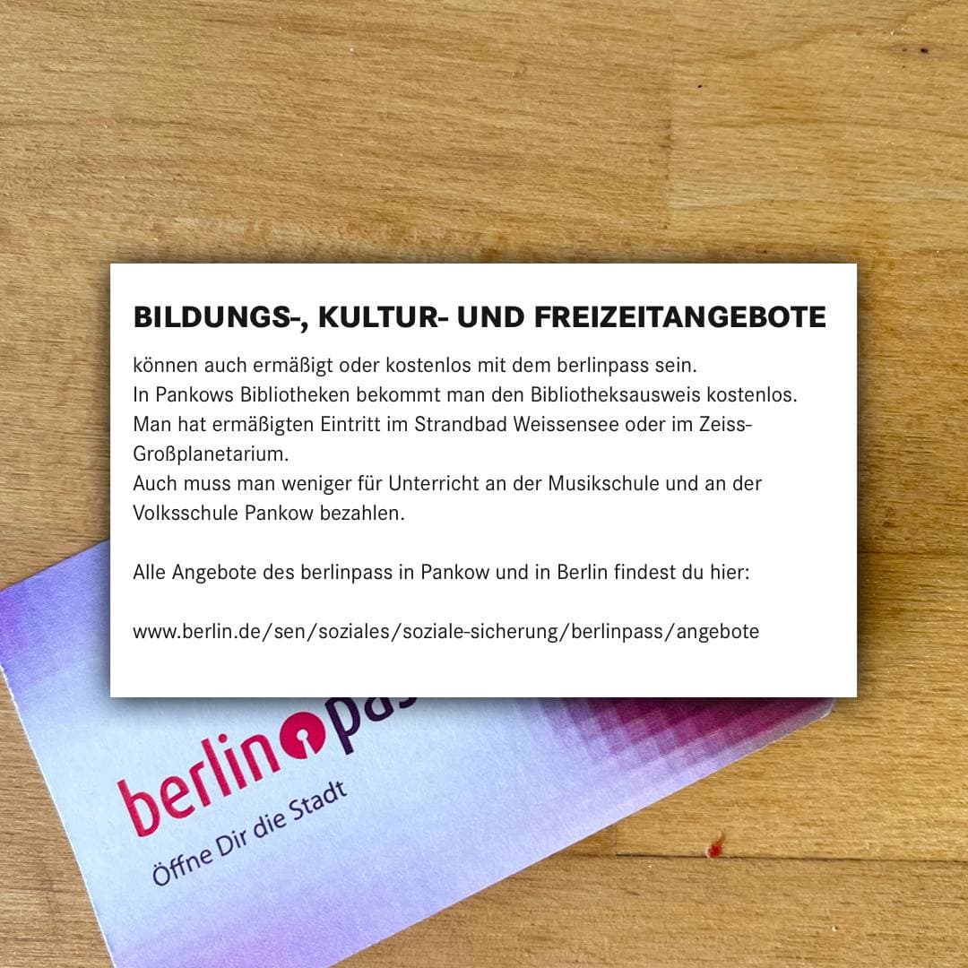 Wir kennen da jemanden…

Hier kommt Teil 5 unserer online #sozialberatung. Heute geht es um Angebote rund um den Berlin Pass. 
Ihr #kenntdajemanden? Dann schreibt  uns gerne an.