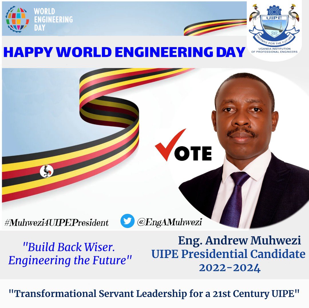 #Muhwezi4UIPEPresident. Join the Engineering Fraternity in today’s celebrations . <a href="/UIPE_Uganda/">UIPE</a> <a href="/ERBUganda/">Engineers Registration Board - Uganda</a> <a href="/jamesmaiteki/">Eng James M. Maiteki</a> <a href="/NWSCKampalaGM/">Mahmood Lutaaya</a> <a href="/KennethMuniina/">Eng Dr Kenneth Muniina</a> <a href="/new_viv/">Vivien Newumbe</a> <a href="/nbstv/">NBS Television</a> <a href="/ntvuganda/">NTV UGANDA</a>