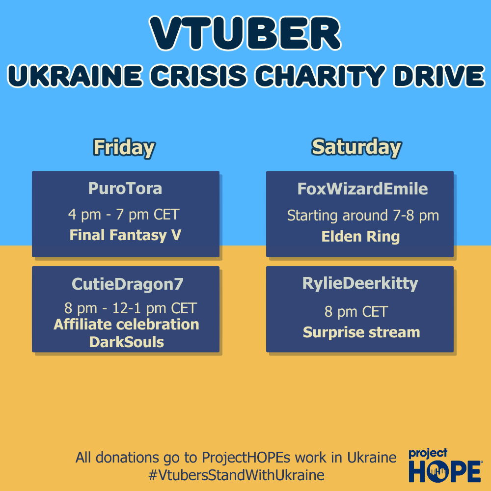Today's and tomorrows schedule! 
As always things are subject to change and I'll do my best to keep you guys updated!

You can donate to ProjectHOPES work in ukraine here:
tiltify.com/+vtubers-rise-…

Links to all streams in the replies

#VtubersSdandWithUkraine #Vtubers #ENVtubers