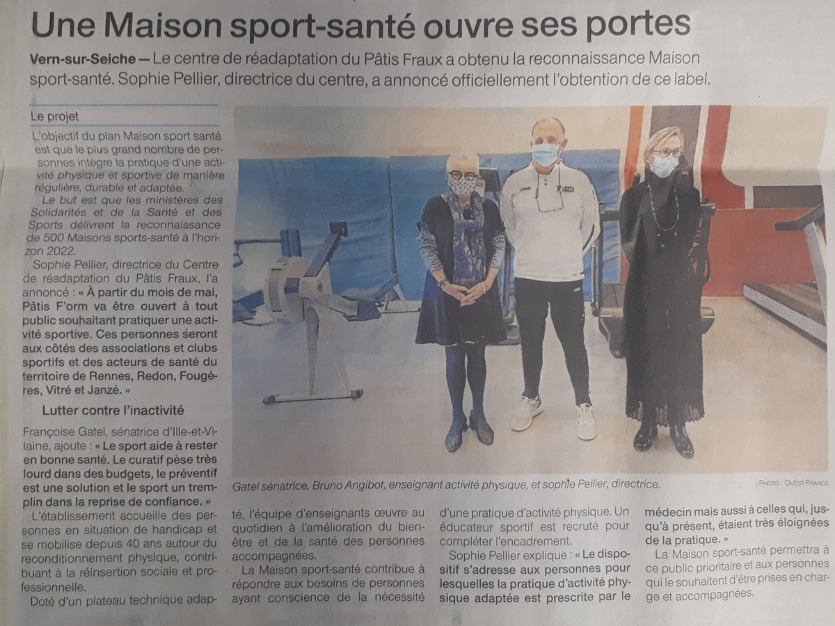 PFraux's tweet photo. [On parle de nous]
🗞Article @ouestfrance35  sur l'ouverture prochaine de « Patis F’orm », la #maisonsportsante du @PFraux  🏃🚴🏓
"Patis F’orm va être ouvert à tout public souhaitant pratiquer une activité sportive." 
#sports #santé  #sportsante #activitephysique
 #SSBE https://t.co/2TDgZMJa5c