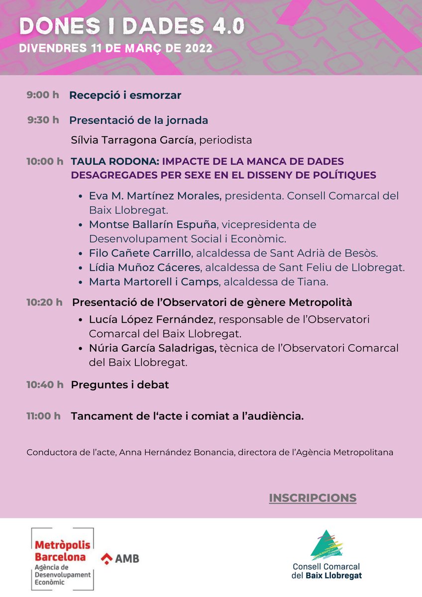 SocioEconAMB's tweet photo. L'@AgenciaEconAMB i l' @observatoribl organitzen la:
🟣Jornada Dones♀️ i Dades 4.0
📅11/03
🕘09.00h
📍Consell Comarcal 
✍️inscripcions https://t.co/yi5evgXi24

amb 🖇️@BallarinMontseK @CaneteFilo
@eva_martinezmor https://t.co/oYQP4LnPGK