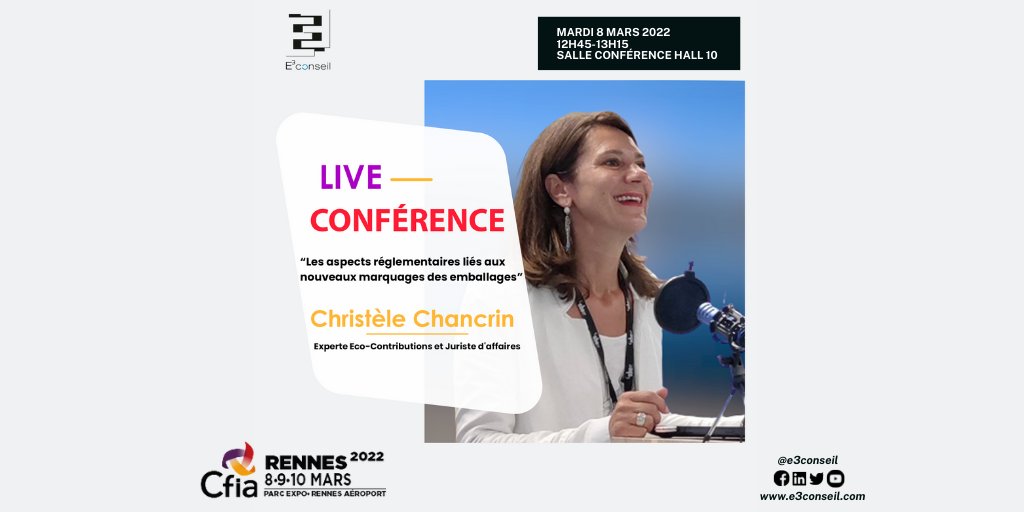 E3CONSEIL's tweet photo. #CFIARennes2022 Christèle CHANCRIN sera heureuse de vous accueillir à sa conférence sur les marquages et consignes de tri imposés par la #LoiAGEC #PointVert #Triman
SAVE THE DATE Mardi 8 mars 2022
Salle des conférences Hall 10 à 12h45 https://t.co/erD7nmTIvz