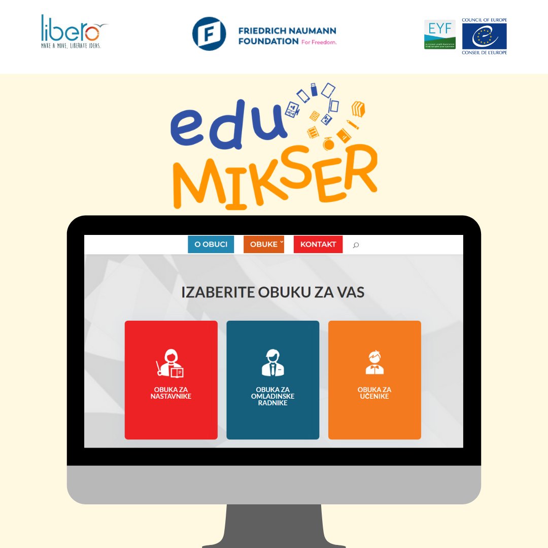 NGOLibero's tweet photo. 📲 Posetite sajt https://t.co/w0OEaPgIWg i pristupite interaktivnim EduMikser obukama za unapređenje onlajn nastave za nastavnike, učenike i edukatore!
✅ Projekat EduMikser podržan je od strane Evropske omladinske fondacije, Saveta Evrope i Fondacije za slobodu Fridrih Nauman. https://t.co/HT7a70flPC