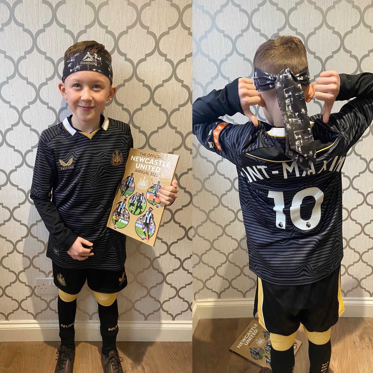 Holleh22uk's tweet photo. World Book Day at school today and Reece has gone as his Idol @asaintmaximin 🖤🤍 #Blackandwhitearmy #NUFC #Minimaxi https://t.co/BgDXqPi8wM