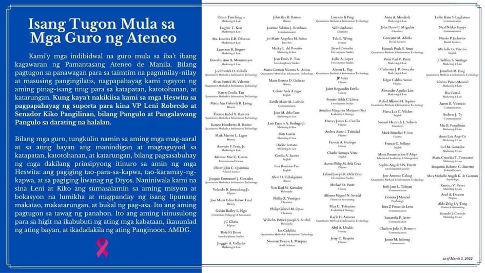 TheGUIDON's tweet image. LOOK: Over 100 Ateneo de Manila University professors endorse the Robredo-Pangilinan tandem.
They believe that the pair will form "a society that cares for humanity, is fair and just to all, and is a source of hope." | via Leni for You FB page
#Blueprint2022