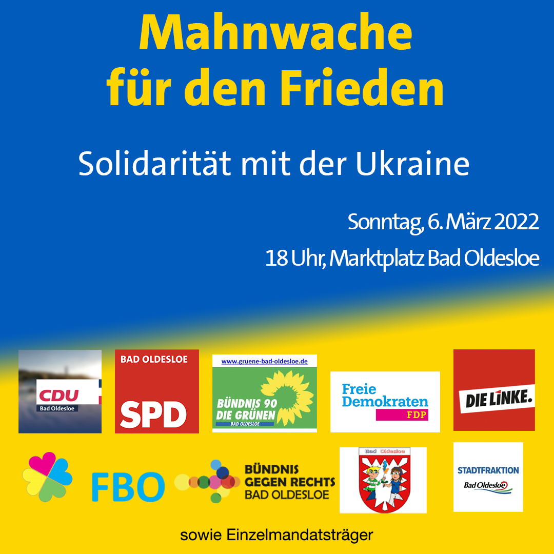 Ein breites Bündnis der Oldesloer Parteien, Wählergruppen und weiteren rufen für Sonntag, 6.3. um 18 Uhr zu einer Mahnwache auf dem Marktplatz in #Oldesloe auf.

Zeichen setzen für den #Frieden, für #Solidarität, für die #Ukraine 
Weitere Infos: spd.de