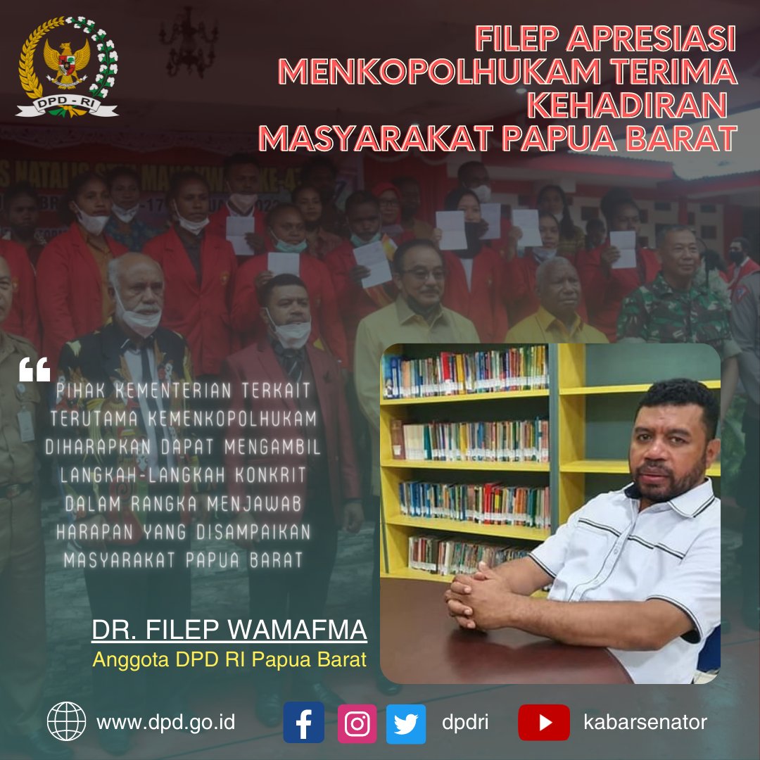 DPDRI's tweet photo. Filep Apresiasi Menkopolhukam Terima Kehadiran Masyarakat Papua Barat

Selengkapnya:
https://t.co/1uYiMmuzNP

https://t.co/6FJ75EMxYQ
#dpdri #kabarsenator https://t.co/VTtHB403b6