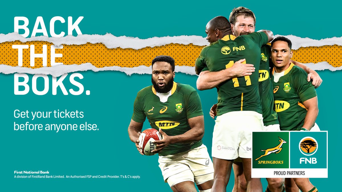 Exclusive Offer 🚨Book ur pre-sale tickets first on 7-8 Mar via <a href="/TicketProSA/">Ticketpro</a> with ur FNB Virtual Card!🏉 Castle Lager Incoming Tour (2,9,16 July) + Castle Lager Rugby Championship (13 Aug) Book Now 👉 bit.ly/3twicoz <a href="/springboks/">Springboks</a> #FNBLovesRugby