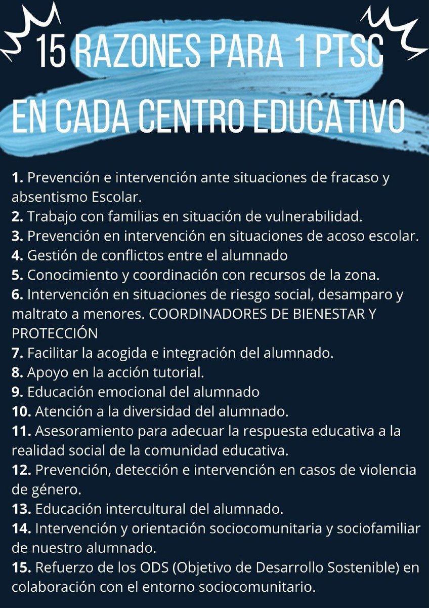 Nos sumamos a la campaña impulsada por la <a href="/mesaestatalptsc/">PTSC_España 🍏</a>
para visibilizar las 15 razones para que haya 1 PTSC en cada centro educativo. Figura imprescindible en la Orientación Socioeducativa.

✍🏽 Firma la petición:  chng.it/wnK7r2yCdM

#1PTSCPorCentroEducativo