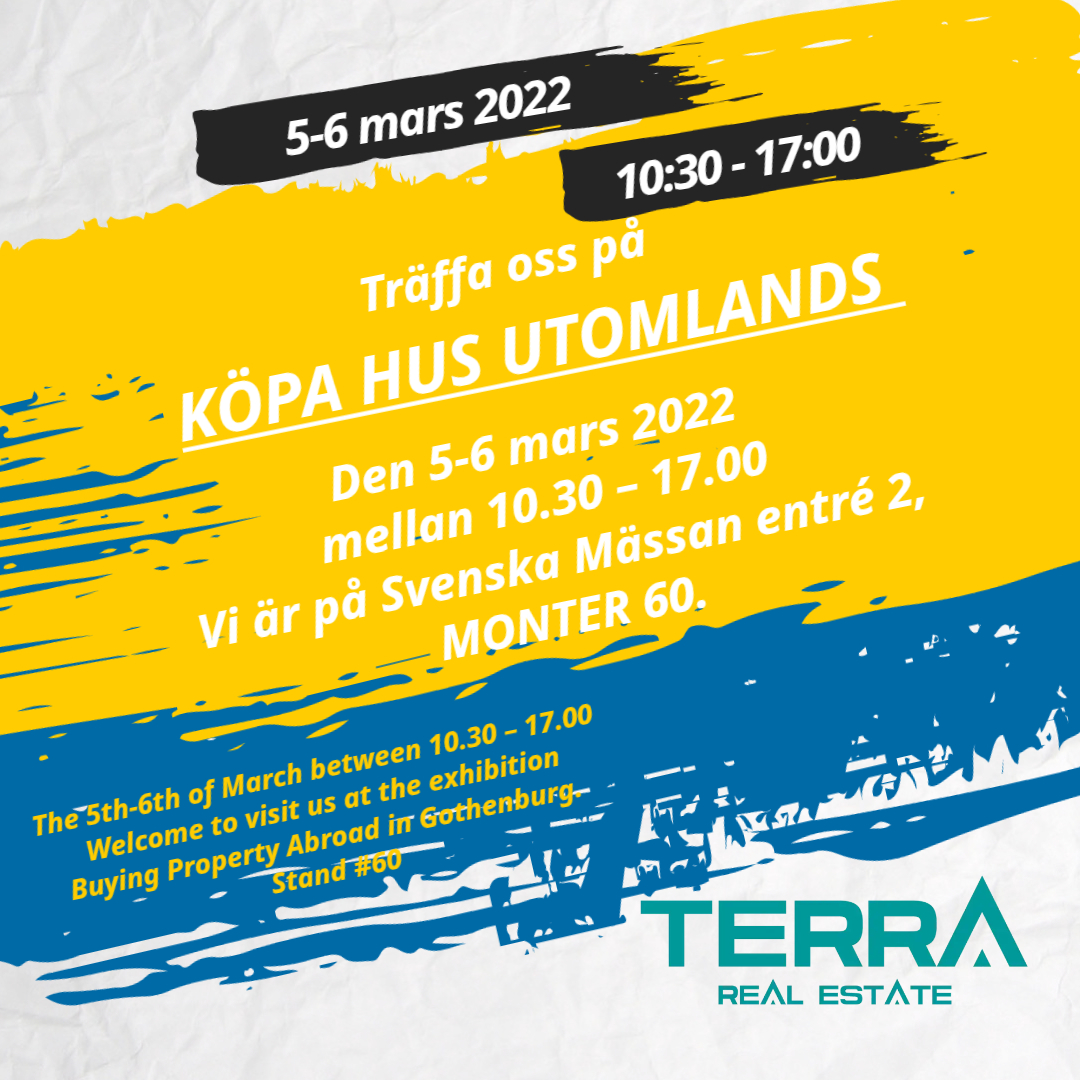 Träffa oss på mässan KÖPA HUS UTOMLANDS i Göteborg!

Den 5-6 mars 2022 mellan 10.30 – 17.00 är det äntligen dags för Fastighetsmässan Köpa Hus Utomlands. Vi är på Svenska Mässan entré 2, monter 60. 
Varmt välkomna! 
Welcome to the exhibition at Buying Property Abroad. Stand #60