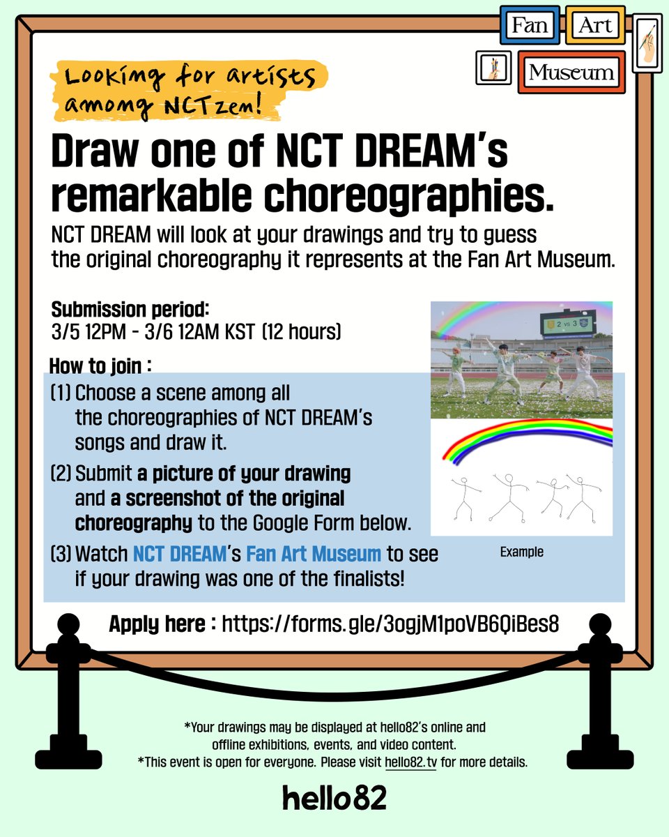 🎨 Submission for NCT DREAM's Fan Art Museum is NOW OPEN!

💚 NCTzens, submit your piece:
📥 forms.gle/3ogjM1poVB6QiB…
📅 ~ 3/6 12AM KST (You've got 12 hours!)

<a href="/NCTsmtown_DREAM/">NCT DREAM</a>
#NCTDREAM #hello82