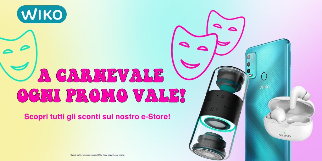 A Carnevale ogni promo vale! 🎭

Scopri tutti gli sconti fino al 50%: it.wikomobile.com/shop/promozioni 

#Wiko #LetsPowerUp #Carnevale