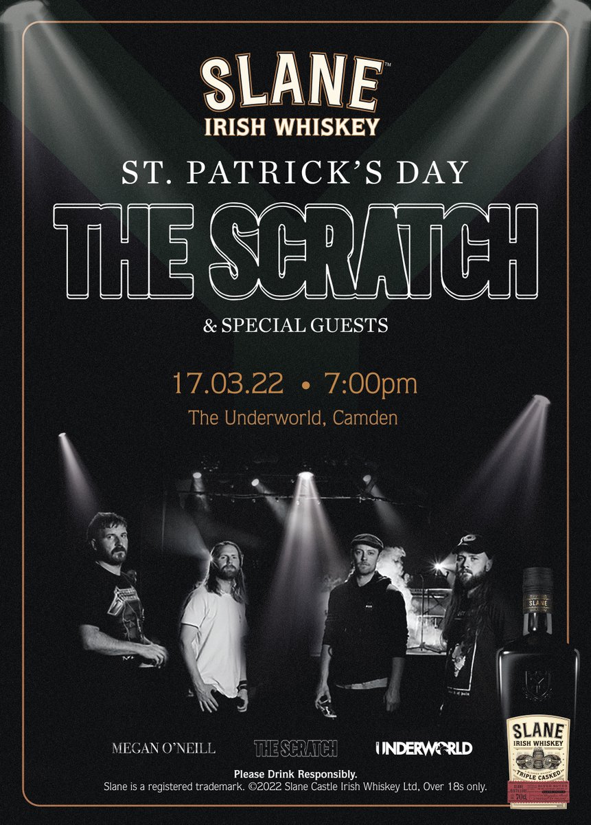 On Sale! ☘️ @SlaneWhiskey Rocks #StPatricksDay w/ @TheScratchMusic, @MeganONeill and more, live at @TheUnderworld on Thursday 17th March. After two years of not being able to celebrate, join us for plenty of Irish spirit! 🥃 🎟️ bit.ly/3hzJpRI 🎶 spoti.fi/3dIotnj