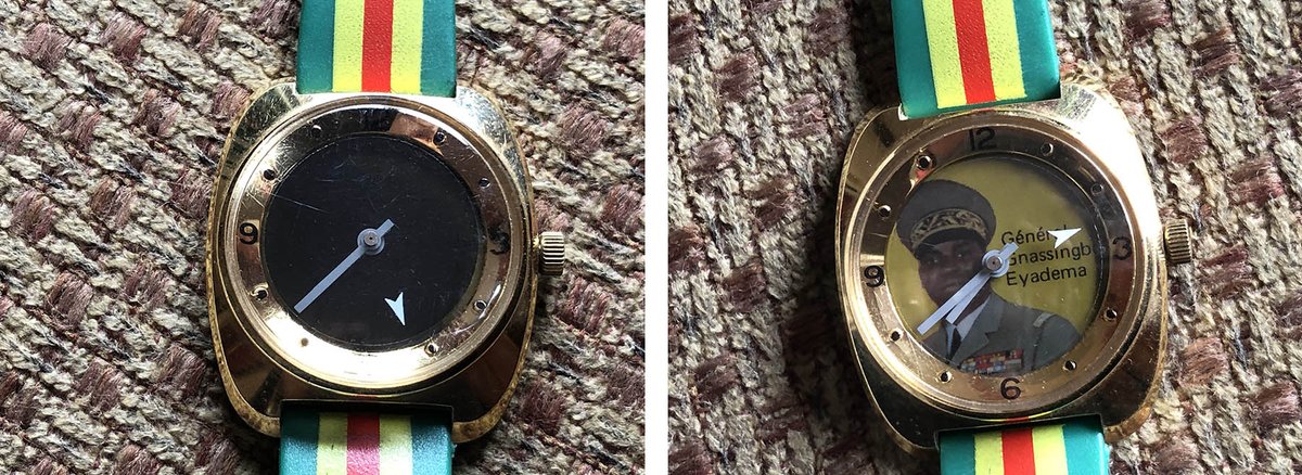 hallaboutafrica's tweet photo. Rare collector's item: This 1976 watch flashes Togo's dictator Étienne Eyadéma every 15 seconds. Promoting a cult of personality, he also ordered a comic book "Eyadema" that shows him with superhuman powers. https://t.co/2q7XKbNKSG